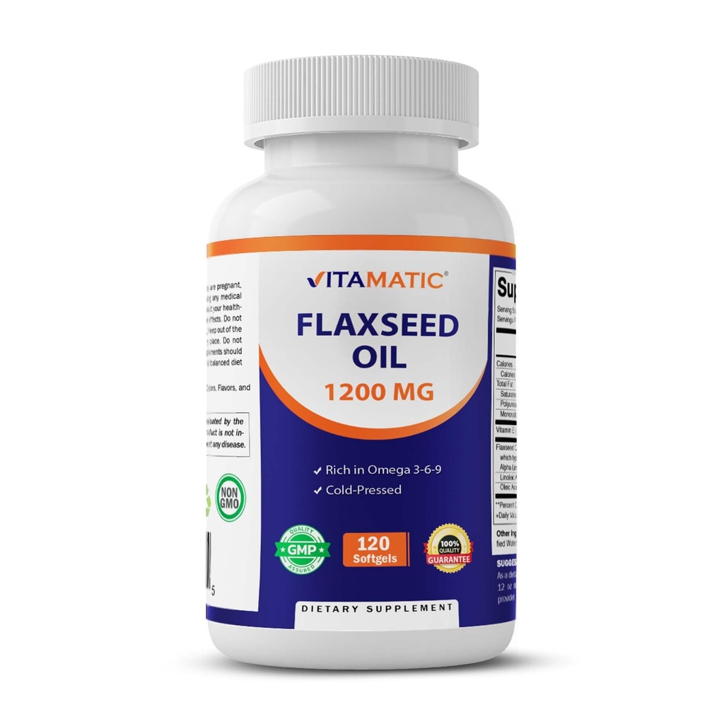 Vitamatic Flaxseed 기름 1200 mg – 120 Softgels 675 mg ALA Omega-3를 가진 찬 압박된 Flaxseed 기름 – 지원 심장 건강 & 전반적인 웰빙