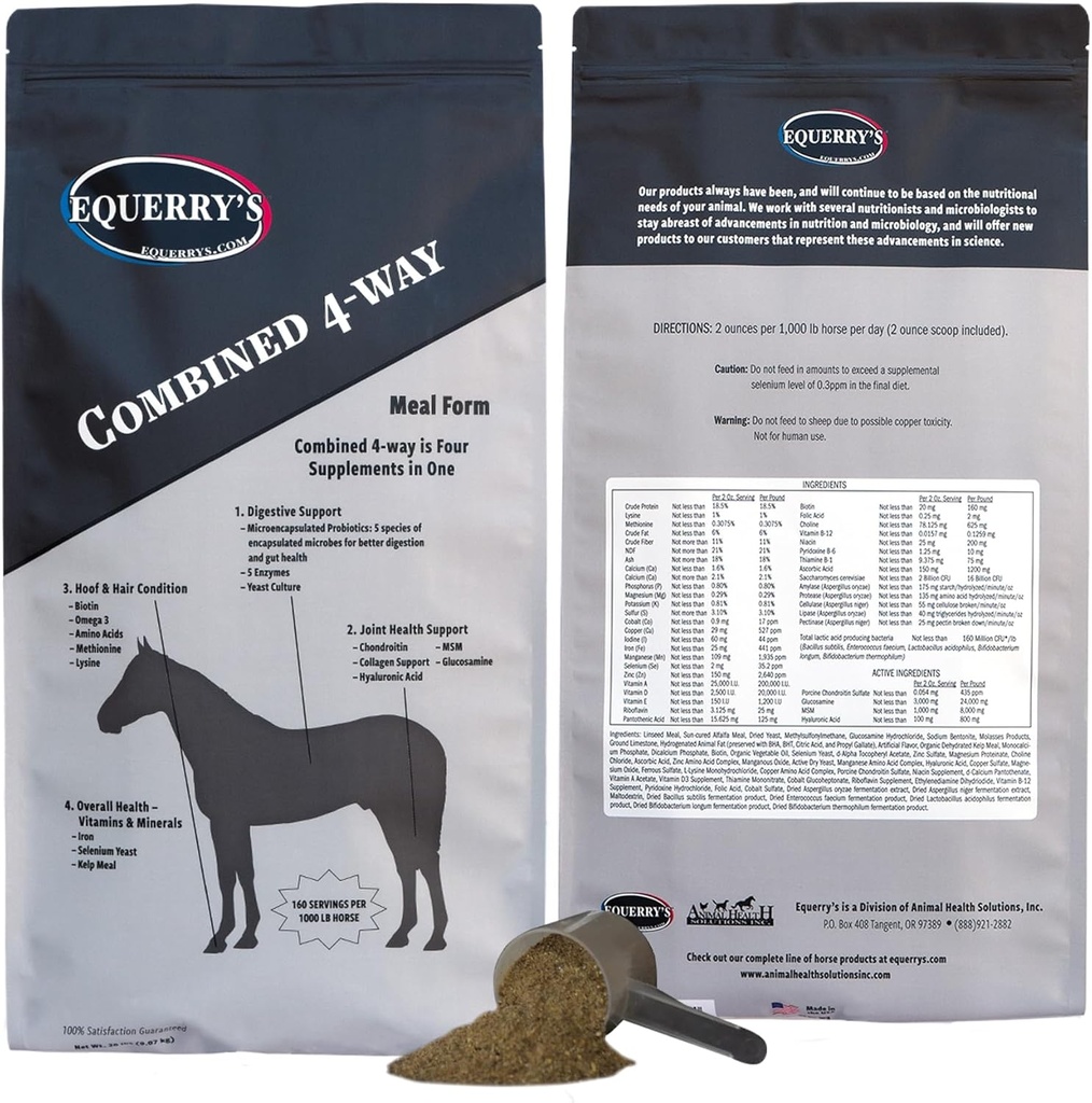 Equerry의 복합 RX 4 방법 | Equine Nutritional Support | Complete Formula | 소화 및 관절 지원 | Hoof & Hair | Probiotics Vitamins & Minerals 160 Feedings, 20lb.