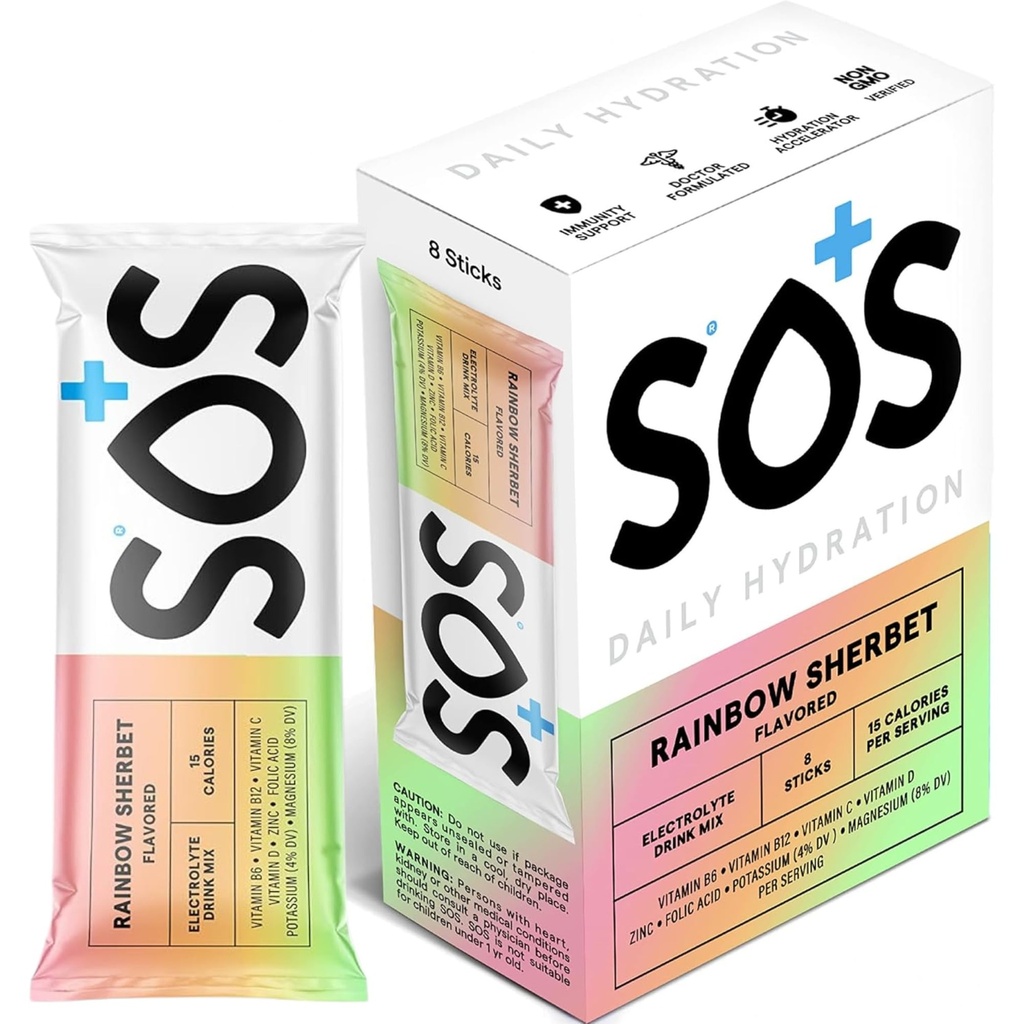 SOS Hydration Electrolyte Powder Stick Pack | 저수지 | Rapid Rehydration | 미국에서 제작 | Keto | Rainbow Sherbert