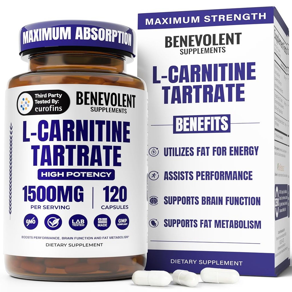 Benevolent L Carnitine 보충 - 높은 Potency 1500mg L-Carnitine Tartrate - 빠른 흡수, 에너지로 지방을 변환, Lean 근육 지원, Boost 운동 성능 및 대사 - 120 Vegan 캡슐