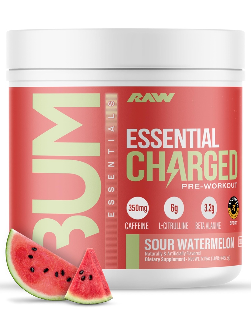 RAW Pre-Workout Powder, Essential CHARGED (Sour Watermelon) - 남성 및 여성을위한 사전 운동 보충 - 초점, 무드 및 성능 지원 - 카페인, 알파 GPC, L-Citrulline, Beta Alanine (25 서빙)