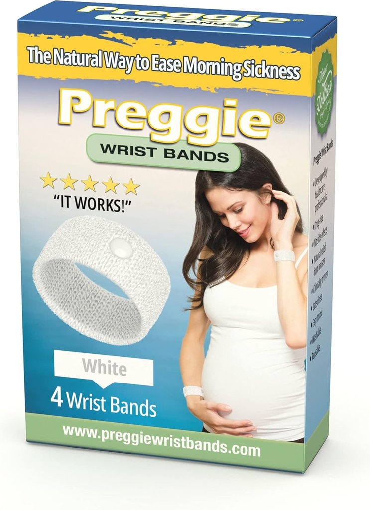 Preggie Anti-Nausea 팔찌 - 아침 시편 구호 - 임상 시험 Nausea Relief Aid - 임신 Nausea Relief - Acupressure 팔찌 - 부작용 무료 - 2 쌍, 4 밴드 세트 - 흰색