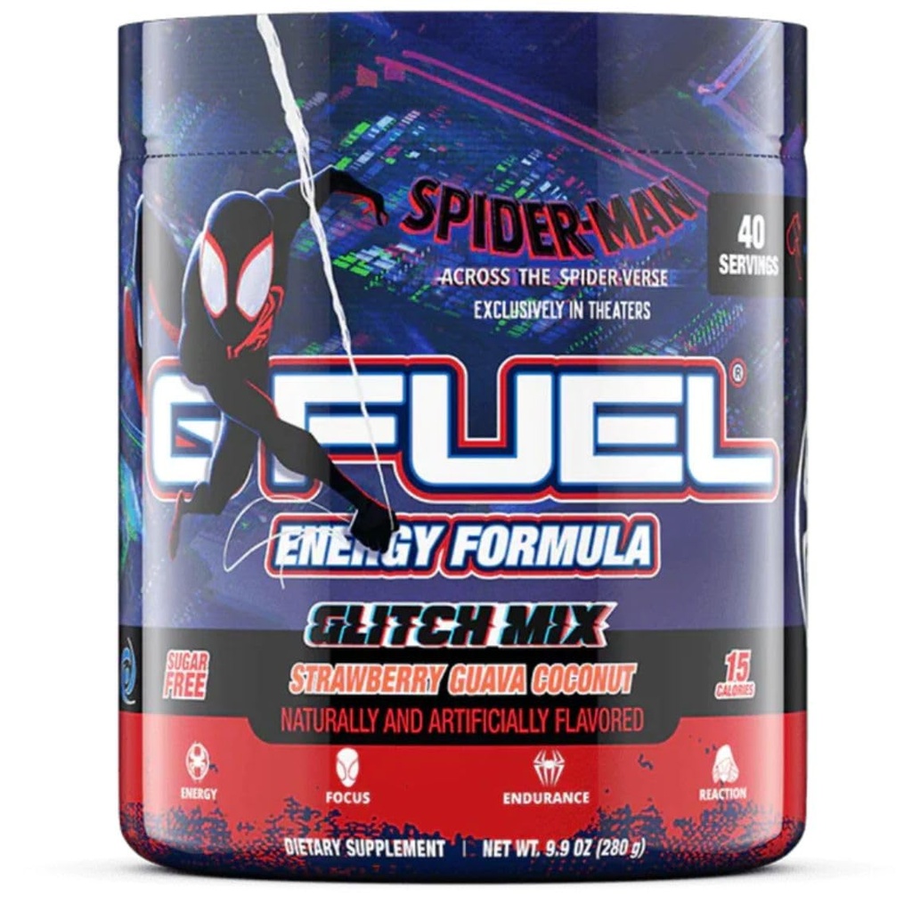 G Fuel Across The Spider-Verse Energy Drink Powder, Pre Workout Caffeine Mix for Gaming, Focus Amino, 비타민 + 산화 방지제, 9.9oz (Strawberry Guava Coconut, 40 서빙)