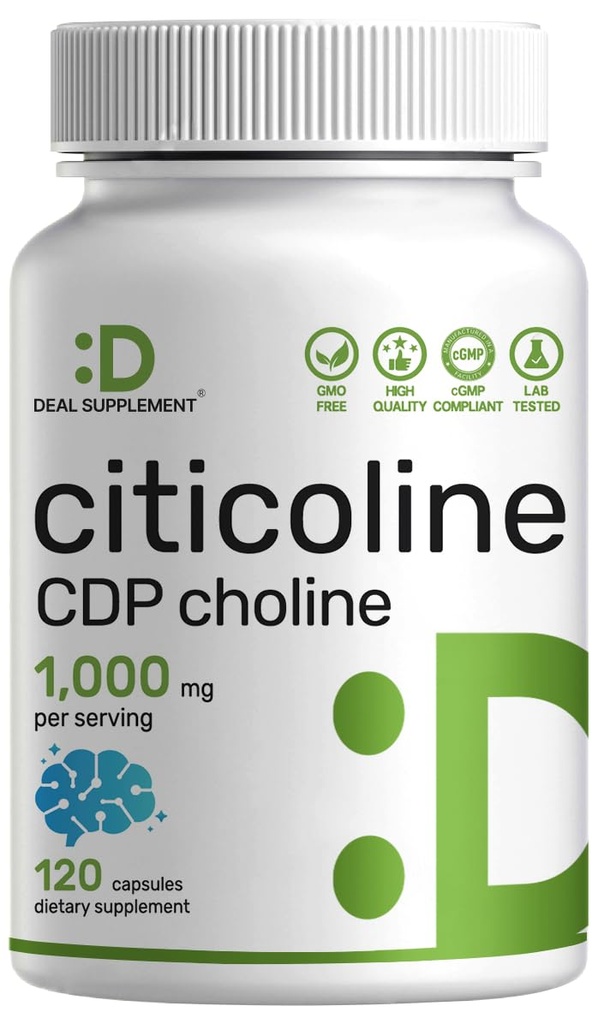 Citicoline CDP Choline, 서빙 당 1,000mg, 120 캡슐 - 추가 강도 콜린 보충제 - Nootropic B 비타민 속성 - 뇌 건강, 기억, & 초점 촉진 - Non-GMO