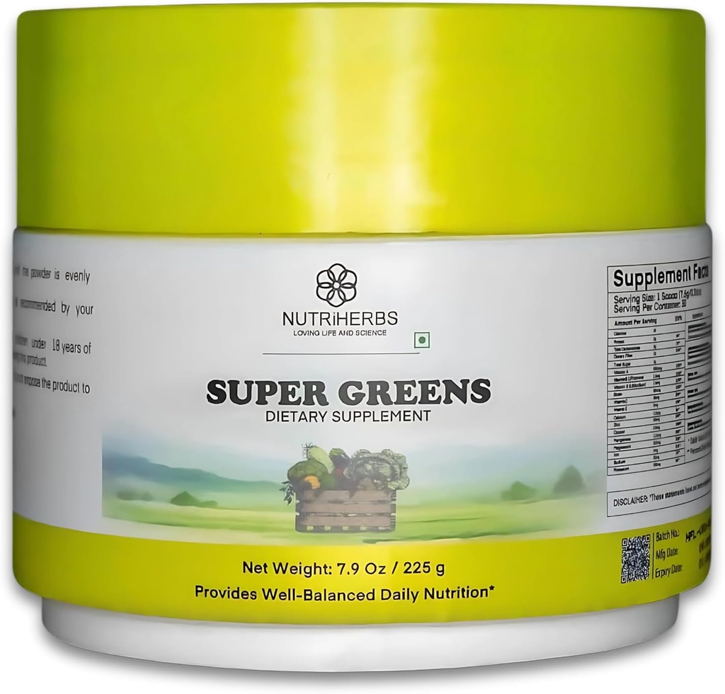 Nutriherbs Super Greens Powder - 225g | 33 Nutrient-Rich Fruits, Vegetables & Probiotics for Enhanced Energy, Immunity & Digestion | 강력한 그린 슈퍼 푸드 파우더 | 30 Delicious