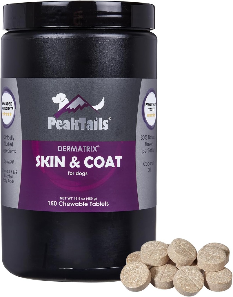 Kala 건강 PeakTails 피부 & 개를위한 외투 지원 - MSM, 물고기 오일, 오메가 3 및 오메가 6과 150 Chewable 정제 - 건강한 피부, 빛나는 코트 지원