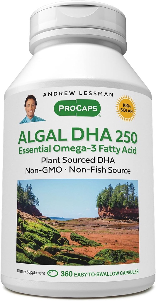 ANDREW LESSMAN Algal DHA 250mg 360 Softgels - 식물 기반 오메가 -3 오일, 천연 해양 조류, 높은 DHA, 비 GMO, 높은 효능, Stomach Upset 없음, 피시 애프터눈트 없음. 작은 쉽게 삼기