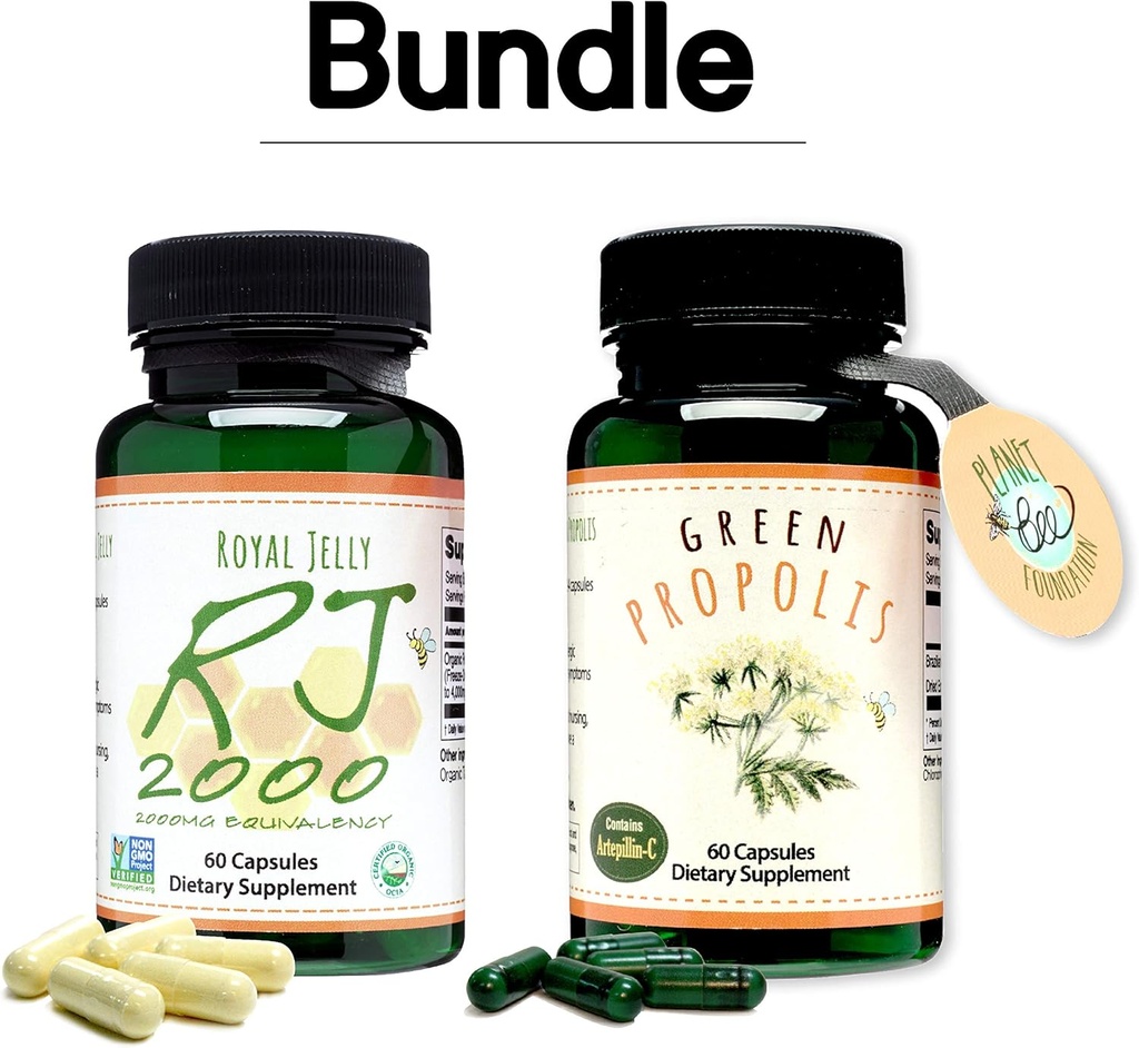 Greenbow 로얄 젤리 2000mg Equivalency – 유기 로얄 젤리 60 캡 그린 프로 폴리스로 만든 비 GMO – 정품 브라질 그린 프로 폴리스, Artepillin C 60 캡