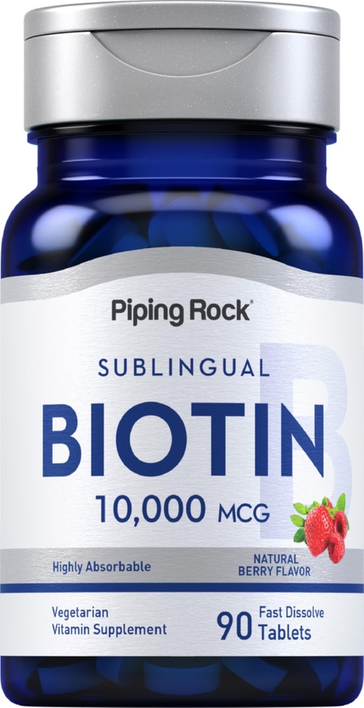 Piping Rock Biotin 10000mcg 빠른 용해 정제 | 90 Count | Berry flavor Sublingual Pills | Max Strength and High Absorption | Vegetarian, Non-GMO, 글루텐 무료 보충