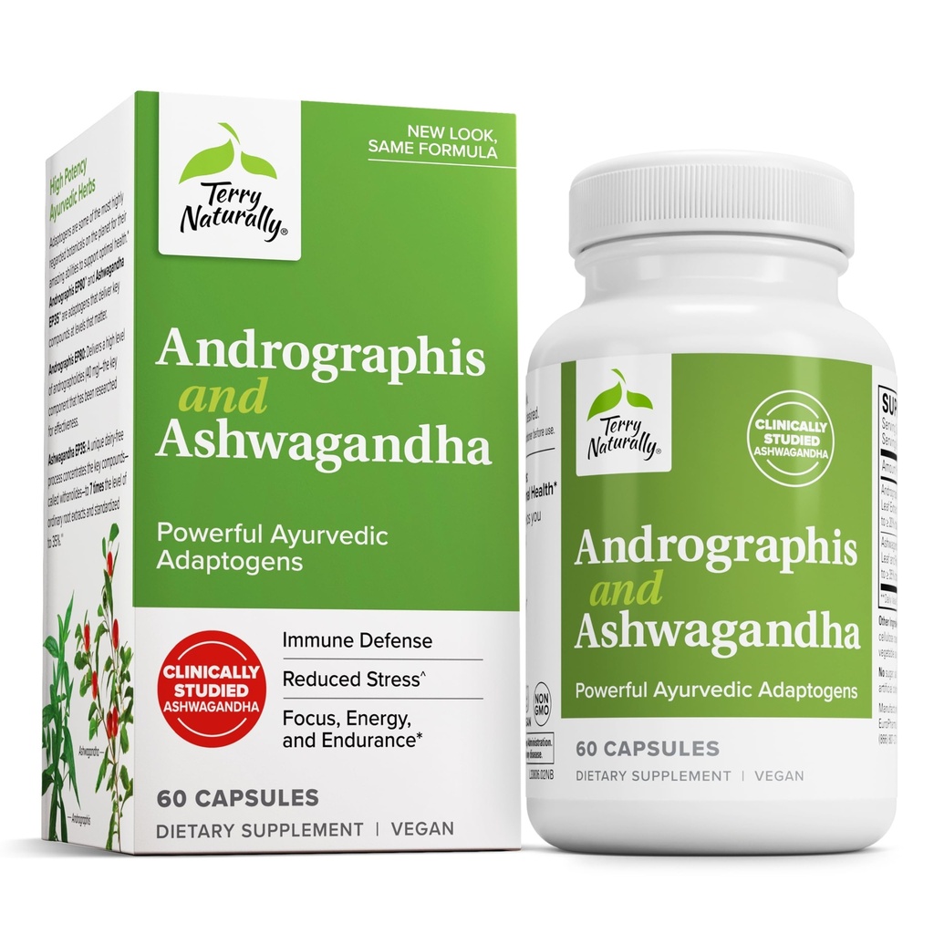 Terry Naturally Andrographis 및 Ashwagandha - 면역 체계 지원 보충교재 - 지원 에너지 & 건강한 긴장 응답 - 에너지 지원 보충교재 - 60의 캡슐 (60의 서빙)