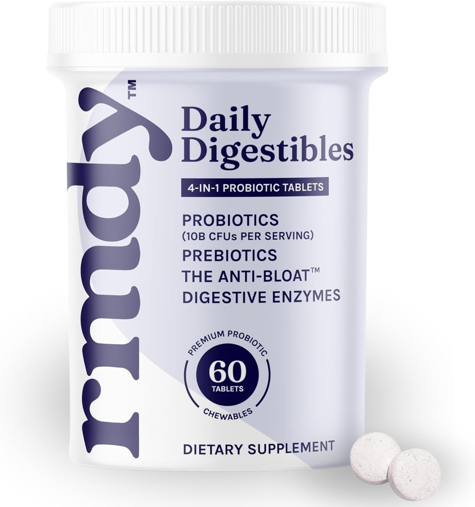rmdy Constipation, Bloating, & Gas Relief | Diarrhea, & IBS의 구호 | 소화 건강 및 구트를 위한 프로바이오틱 | 60 Sugar Free Chewable Bloating Relief Tablet