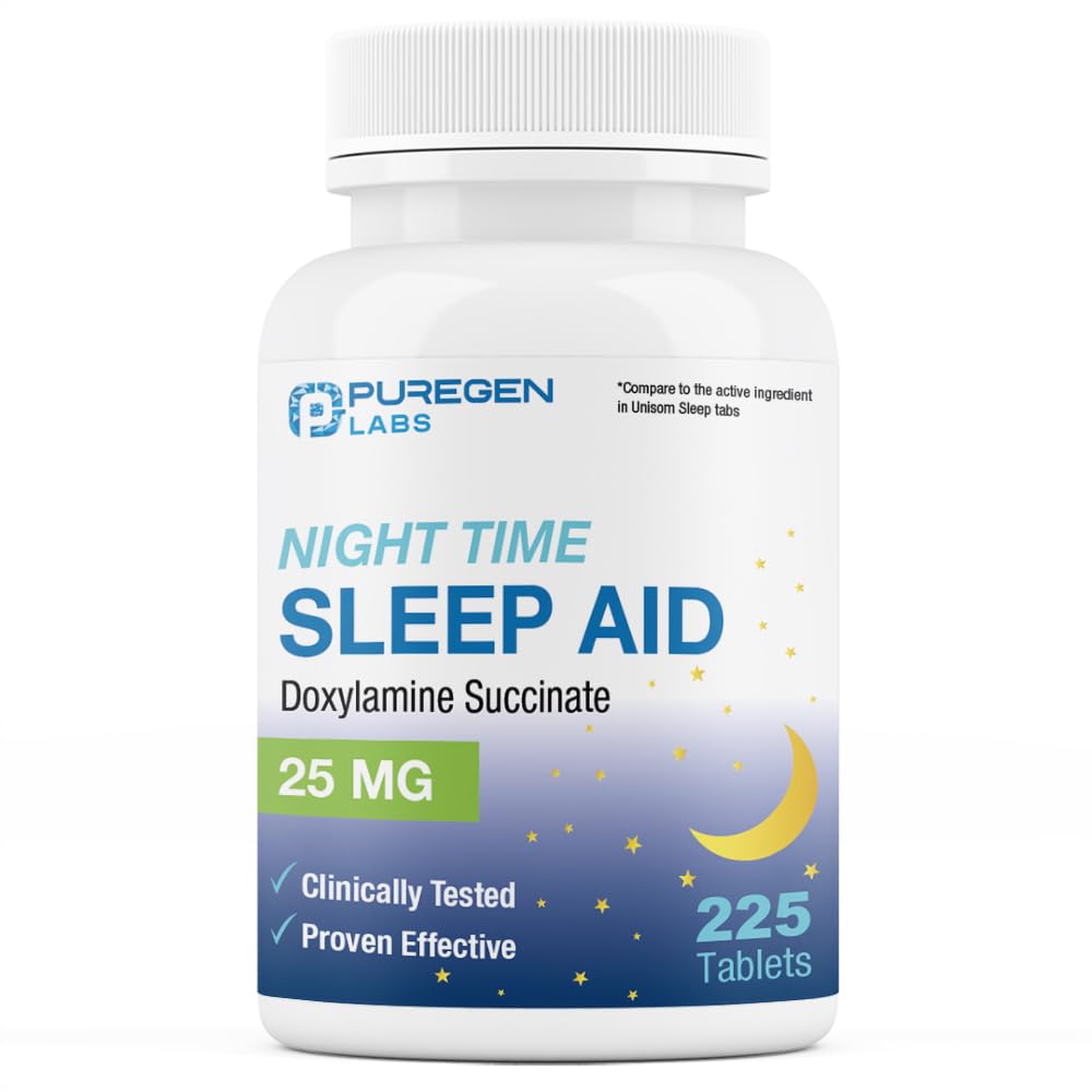 Puregen Labs Doxylamine Succinate 25mg | 야간 수면 보조 | 안전 및 효과적인 | 수면 보조를 형성하는 비하 비트 | 미국에서 제작 | 225 정제
