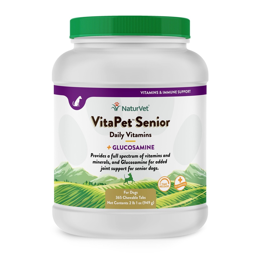 NaturVet –VitaPet Senior Daily Vitamins for Senior Dogs – Plus Glucosamine – 비타민 및 미네랄의 전체 스펙트럼 – 추가 관절 지원을위한 글루코사민으로 강화 – 365 시간 릴리스 정제
