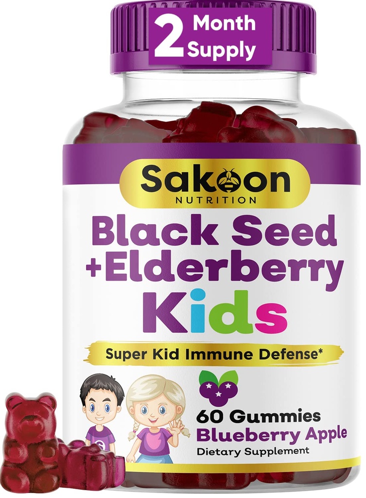 Sakoon 영양 Elderberry & 아이를 위한 까만씨 기름 Gummies, 비타민 C와 아연, Delicious Berry 풍미, 60 Gummies와 더불어 면역 지원,