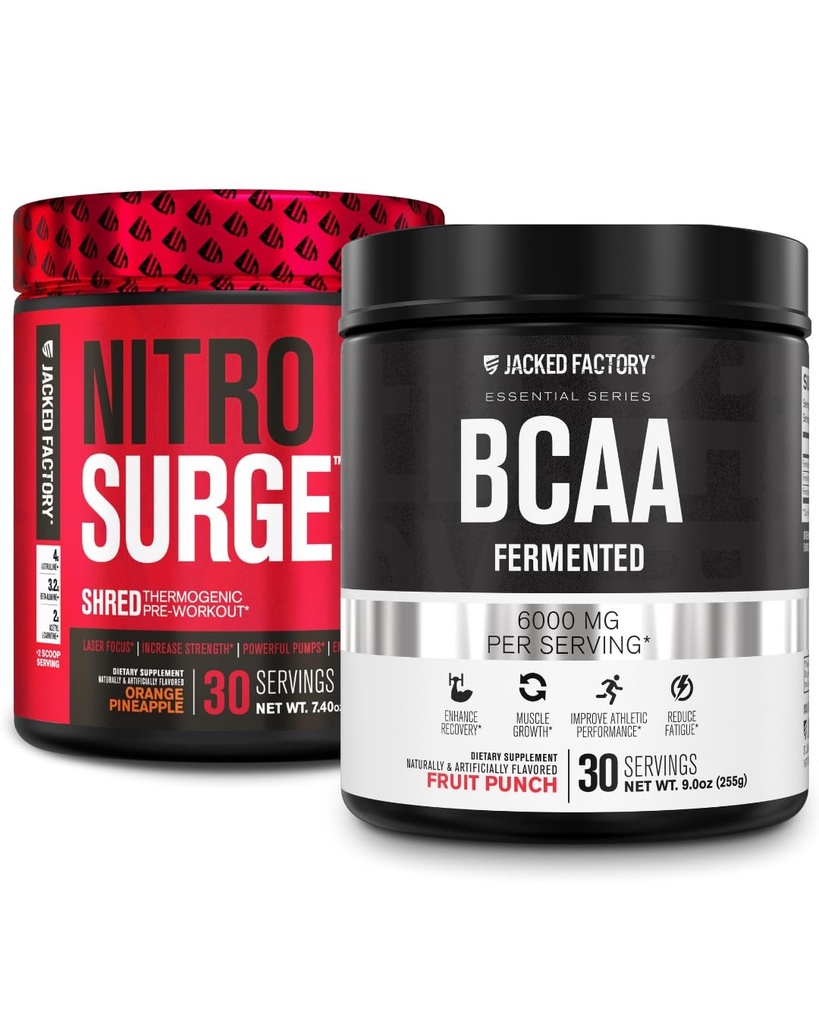 Jacked Factory Nitrosurge Shred Thermogenic Pre-Workout in Orange Pineapple & Body Recomposition, 근육 건물 및 회복을위한 과일 펀치의 BCAA