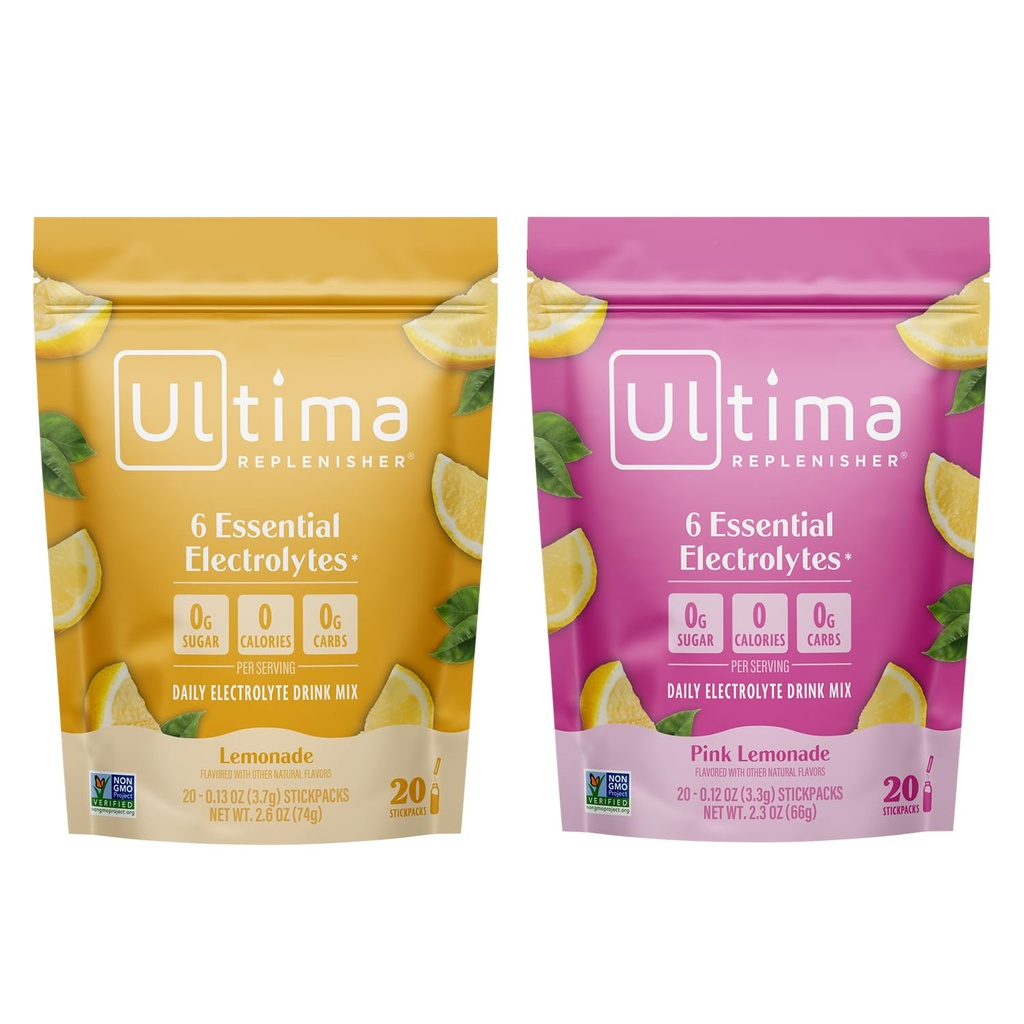 Ultima Replenisher Electrolyte Powder Drink Mix Bundle – Sugar Free – Lemonade and Pink Lemonade, 20 Stickpacks – 6 Electrolytes and Minerals – Keto Friendly, Vegan, 비 GMO