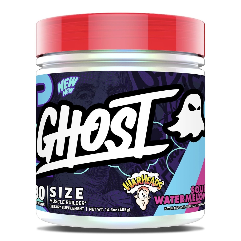 GHOST Size V3 Muscle Builder Dietary Supplement - Warheads Sour Watermelon, 30 서빙 - 남성 및 여성을위한 근육 성장 및 강도 건물 지원 - 크레틴 & 베타인 - 설탕 및 글루텐의 무료