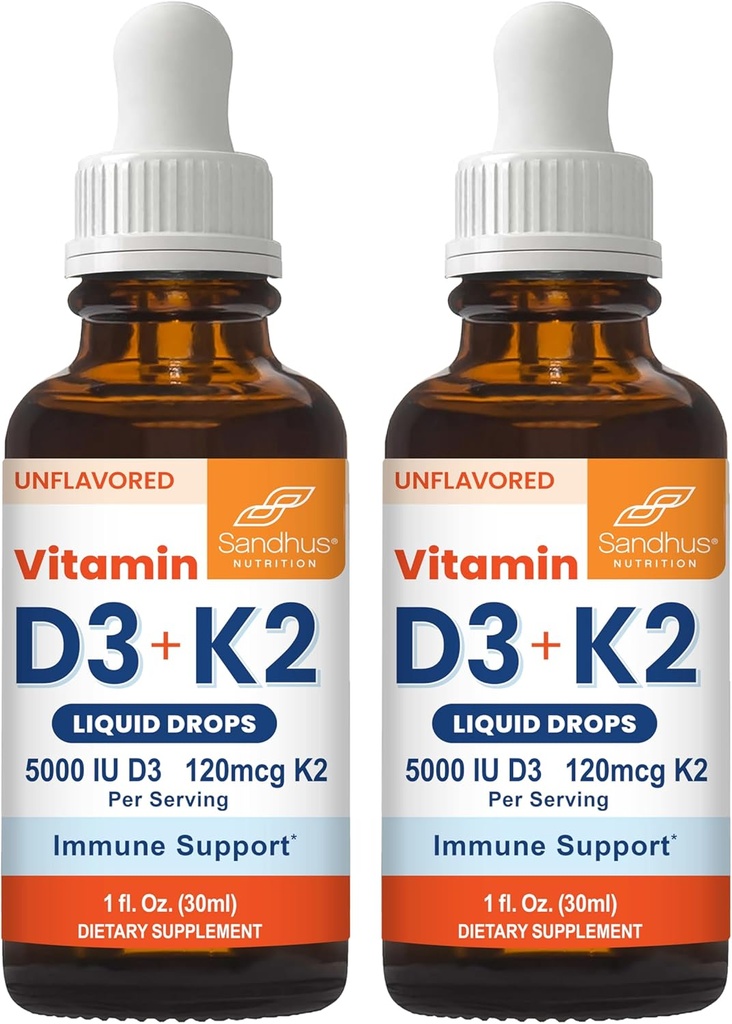 성인용 Sandhu의 비타민 D3 K2 Drop | 5000 IU D3 액체, 120mcg K2 보충 1 Fl Oz (팩 2) | D3K2 지원 우수한 흡수, 에너지, 면역, 남성 및 여성용 근육 건강