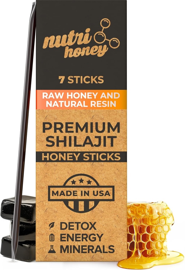 NATURAL SHILAJIT 꿀 스틱 - Shilajit Resin with Raw Honey, Fulvic Acid & Trace Minerals, 에너지를위한 식물 기반 영양소, 면역 지원 및 활력 - 7 Shilajit Stick