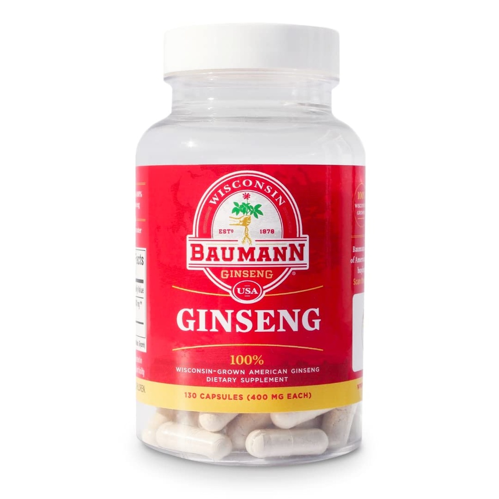 Baumann Wisconsin Ginseng 캡슐 130 알약 400 mg – 각 알약에 있는 순수한 미국 인삼 뿌리 추출물 분말 - Immune 지원, 초점 및 에너지를 위한 100% 자연적인 Panax 인삼 보충교재