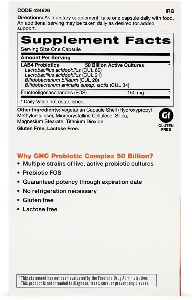 50 억 CFUs, 트윈 팩, 병 당 30 캡슐, 매일 Probiotic 지원을 가진 GNC Probiotic Complex