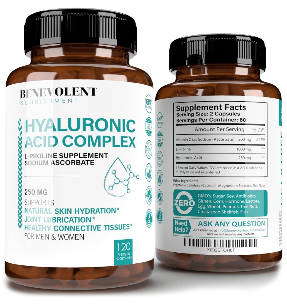 Hyaluronic 산은 200mg 비타민 C, 1000mg L 선 & 노화 방지 이익, 유성 피부, 합동 & 연결 조직 건강을 위한 Hyaluronic 산 캡슐을 가진 250mg를 보충합니다 - 120의 캡슐
