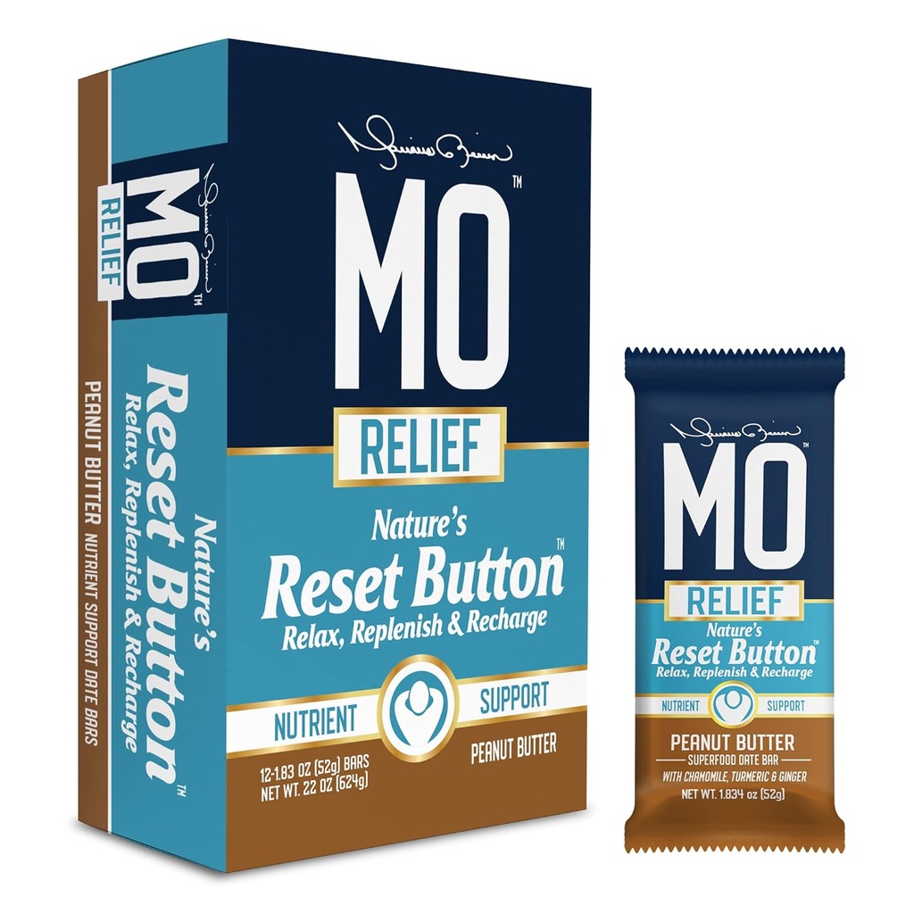 "MO RELIEF" BARS – All-Natural Superfood Snack Bar - 복구 스낵 바 - 날짜, Chamomile, Turmeric 및 Ginger와 함께 운동 영양 지원 후 - (12 박스에 바) (Peanut Butter)