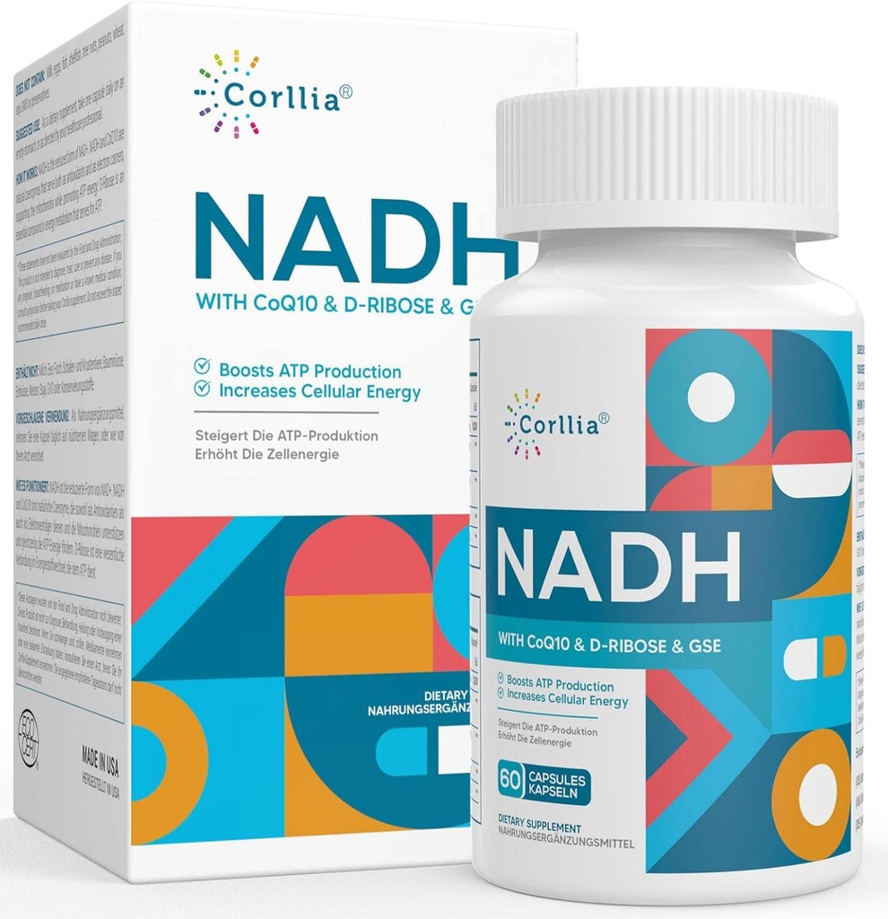 NADH + CoQ10 + D-Ribose 보충, NAD + 강화 에너지, 피로, 60 캡슐을 위한 보충교재