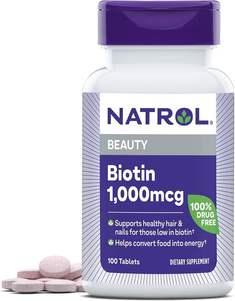Natrol 아름다움 Biotin 1000mcg의 건강한 머리, 피부, 못 및 에너지 대사, 100개의 정제, 100 일 공급 (12의 포장)를 위한 규정식 보충교재