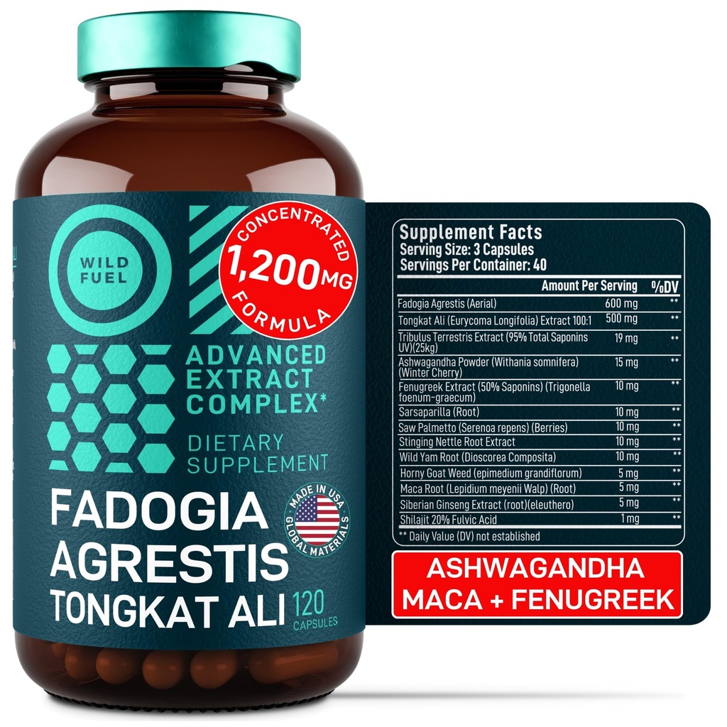 Fadogia Agrestis와 Tongkat Ali 보충교재 - 남자, 500mg Longjack Tongkat Ali, Ashwagandha Maca Fenugreek Complex를 위한 600mg Fadogia Agrestis - 근육 힘, 에너지, 계류 지원 - 120의 캡슐