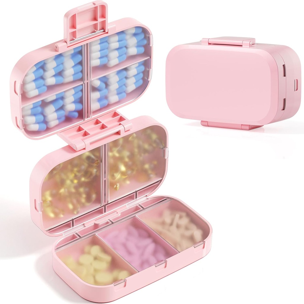 MEACOLIA Triple-Folding Pill 주최자, 9 큰 용량을 가진 Compartments 여행 알약 케이스, 비타민을 위한 매일 알약 상자 작은 알약 콘테이너, Cod Liver 기름, 보충교재 (분홍색)