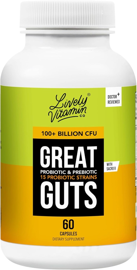LIVELY VITAMIN CO. Great Guts Probiotic - 100 억 CFU Probiotic - 밸런스 Gut Microbiome, GI Tract, 인화, Indigestion, Reflux, Upset Stomach, & Diarrhea - 60 캡