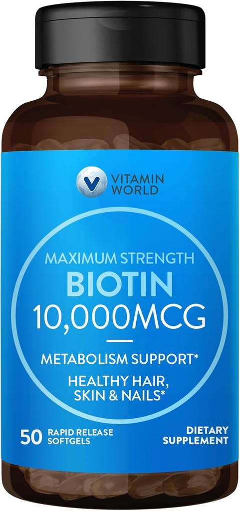 비타민 세계 Ultra Mega Biotin 10,000 mcg. 50 Softgels, 비타민 B, 건강한 머리, 피부 및 손톱, 급속하게 방출, 글루텐 무료
