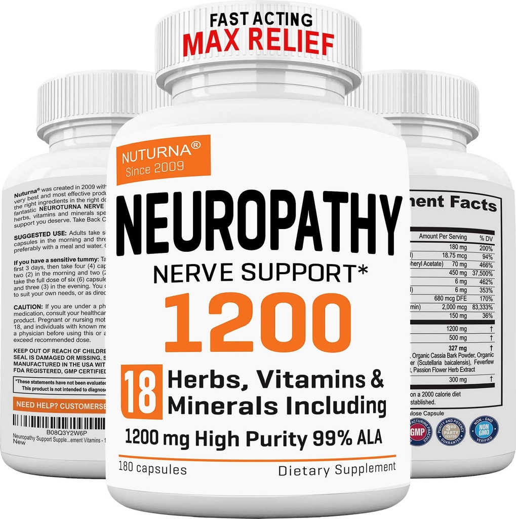 Neuropathy는 1200 mg HP-99 알파 Lipoic 산을 가진 보충을 지원합니다 - 발 손 손가락 다리를 위한 최대 힘 ALA Nerve 공식 - 1개의 자연적인 Peripheral Nerve 비타민에서 매우 유력한 18 - 180의 캡슐