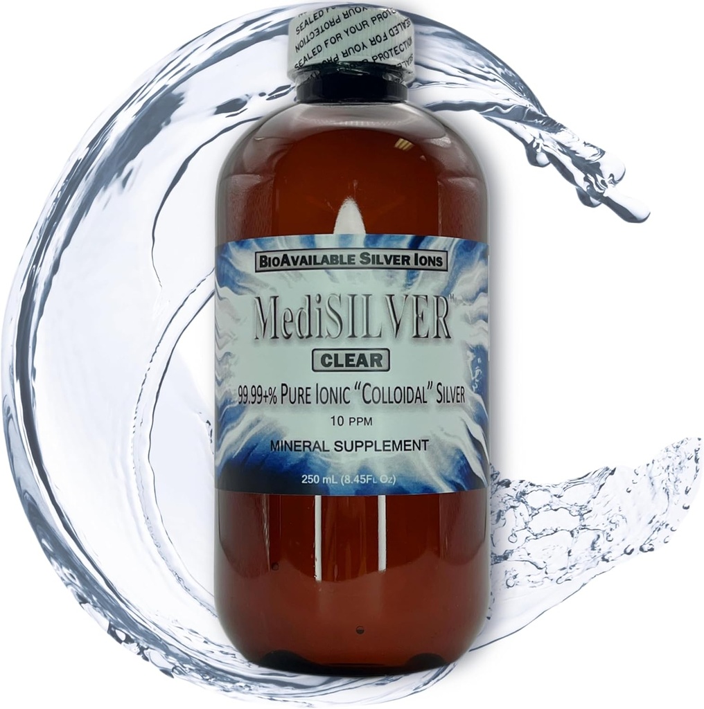 MediSILVER 클리어 진정한 무료 Ionic 콜로이드 실버 다이어트 보충 - 250 mL (8.45 Fl Oz) BPA 무료 호박색 플라스틱 병