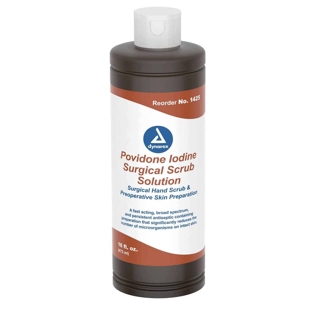 Dynarex Povidone-Iodine Scrub 해결책, 피부와 Mucosa를 위한 방부제 해결책, 외과 위치 준비를 위한 이상, Povidone Iodine 7.5%, 16의 fl. oz를 포함합니다., 1개의 병
