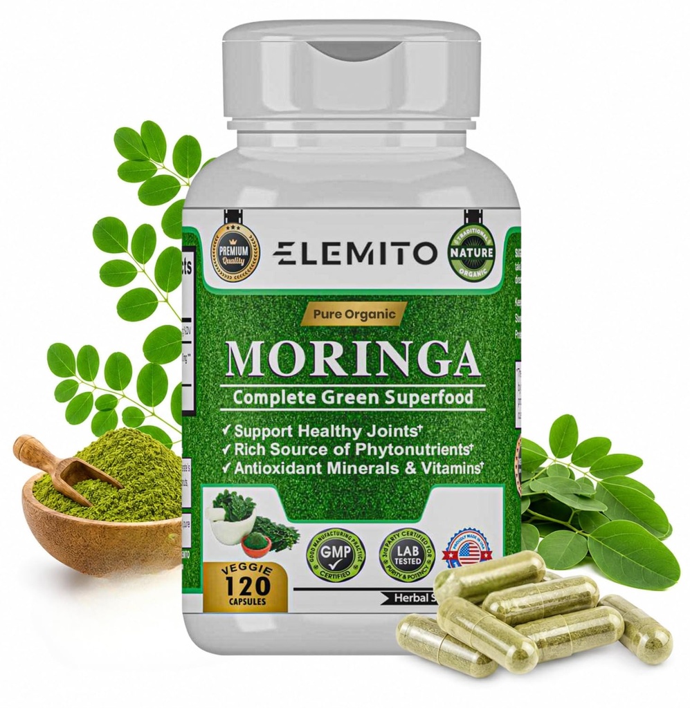 Moringa 캡슐, 순수한 잎 분말, 녹색 Superfood, 에너지, 대사, & 면역 지원, 비 GMO, Vegan, 글루텐 자유로운 - 120의 캡슐