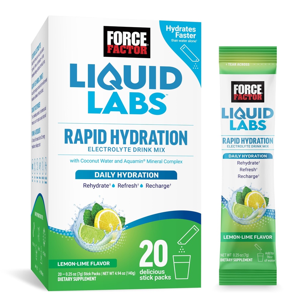 FORCE FACTOR Liquid Labs Electrolytes Powder Packets-Lemon Lime-Hydration Packets 5 Essential Electrolytes, 비타민, 미네랄 및 산화 방지제, 20 스틱 팩