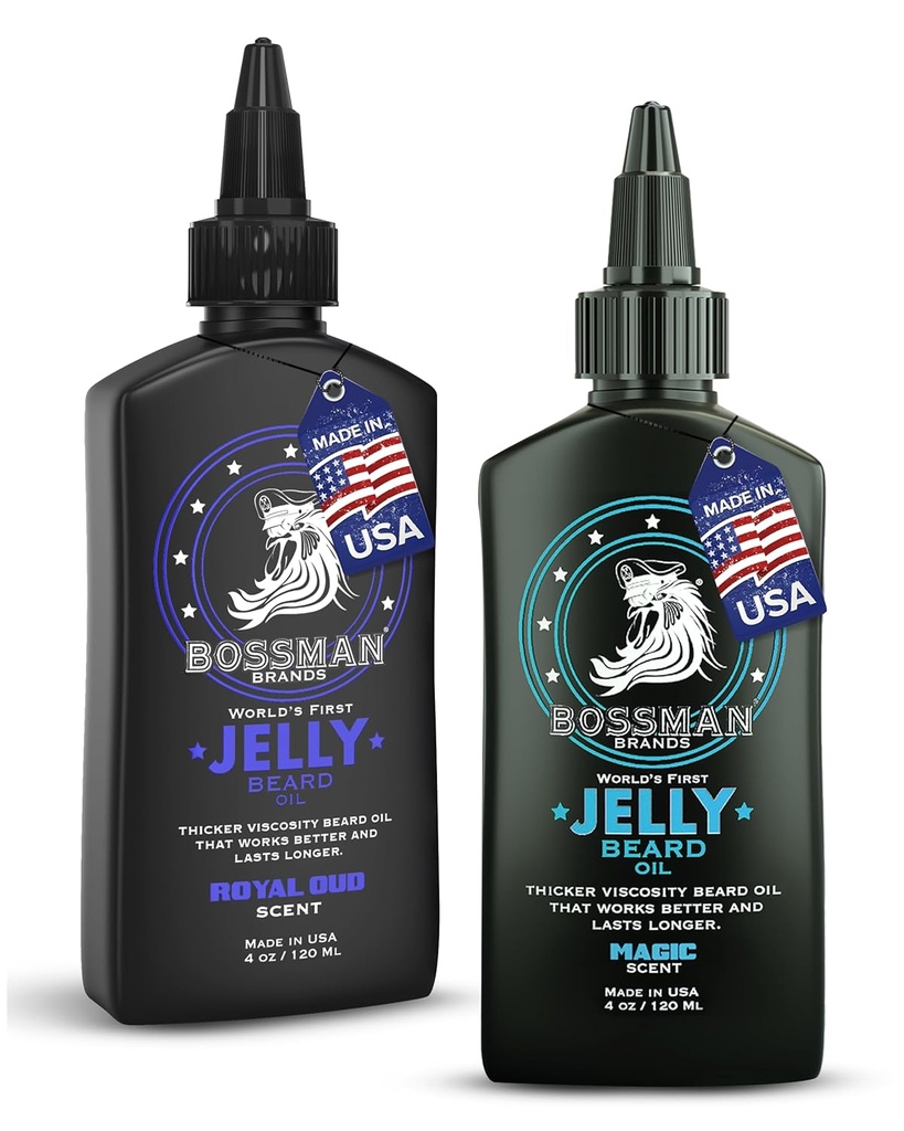 Bossman Jelly Beard Oil for Men Bundle | 2 팩, 8 온스 (매직 + 로얄 오우드 향) | 부드러움, 천연 재료로 습기를 공급 및 조건 – 미국에서 제작