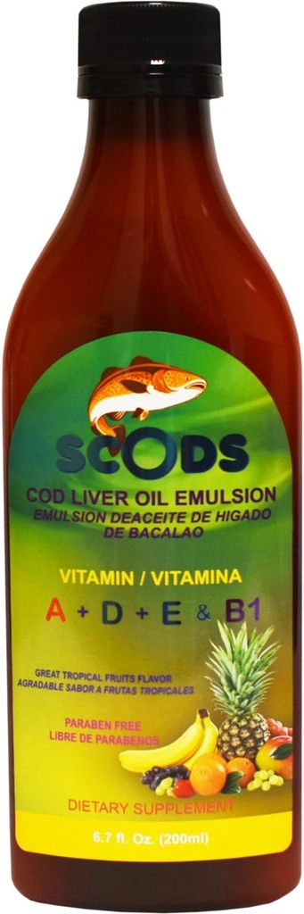Emulsion de Scods Frutas Tropicales Cod Liver 기름 유화액 열대 과일 200ml 비타민 A + D + E & B1