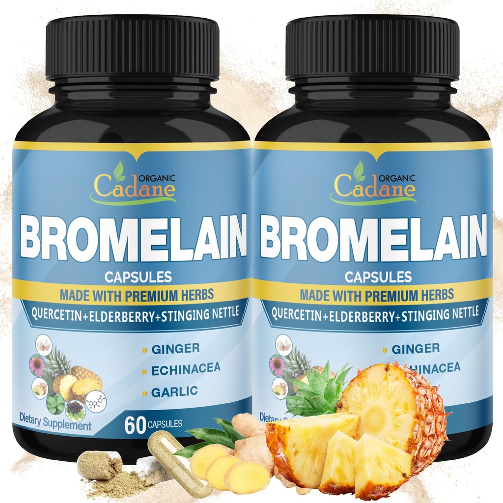 유기 Cadane 2는 Bromelain, Quercetin, Elderberry, Ginger, Echinacea, 마늘, 까만 고추와 더불어 Bromelain 캡슐의 60caps를, 포장합니다