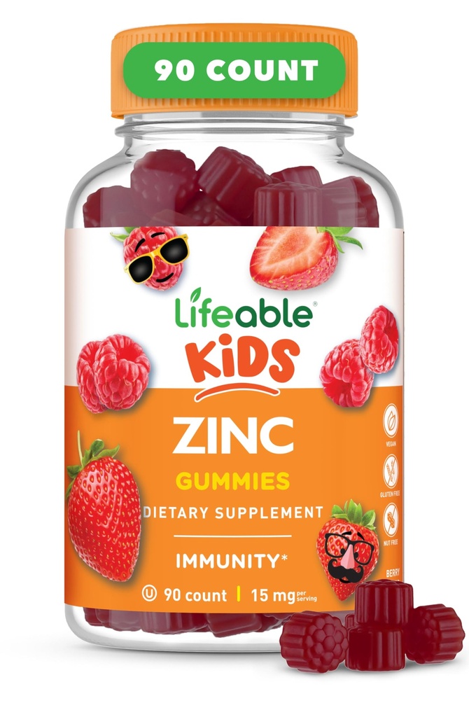 아이를 위한 Lifeable 아연 Gummies |15mg | 훌륭한 타스팅 키즈 아연 보조제 | GMO 무료 채식 아연 비타민 | 아이와 어린이를 위한 건강한 피부와 면역 지원 | 90 Gummies