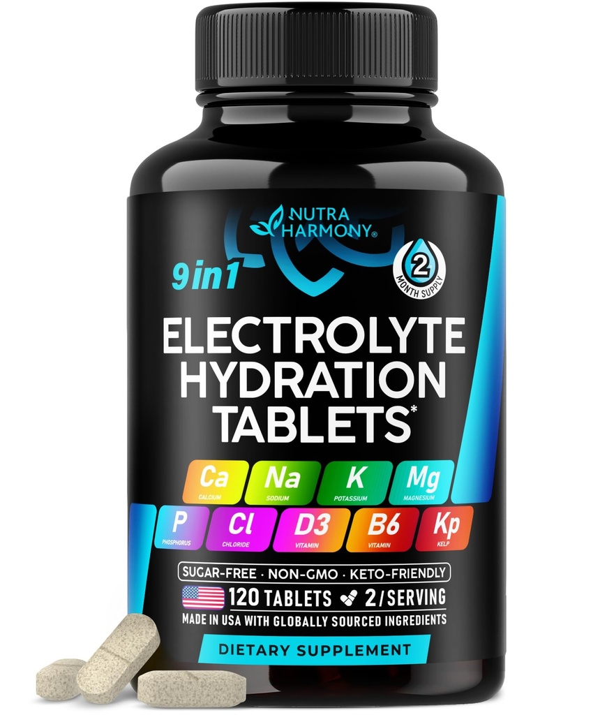 Electrolytes - 마그네슘, 나트륨, 칼륨, 염화물, 비타민 D3 & B6, Kelp 분말 - 소금 알약 - 미국에서 만든 - 캡슐로 구두 정제 - Vegan & Keto 친절 - 120 탭
