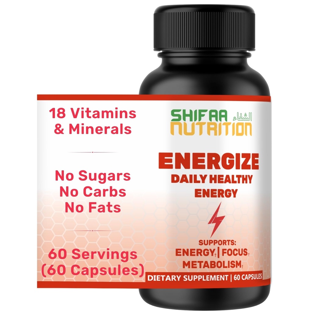 SHIFAA NUTRITION Energize, Natural Daily Energy Vitamins | 지터 프리, 60 인분 | 지원 초점, 무드, 두뇌, 대사 | w/Caffeine & Taurine, B1, B2, B5, B6, B7, B9, B12 Halal Vitamins