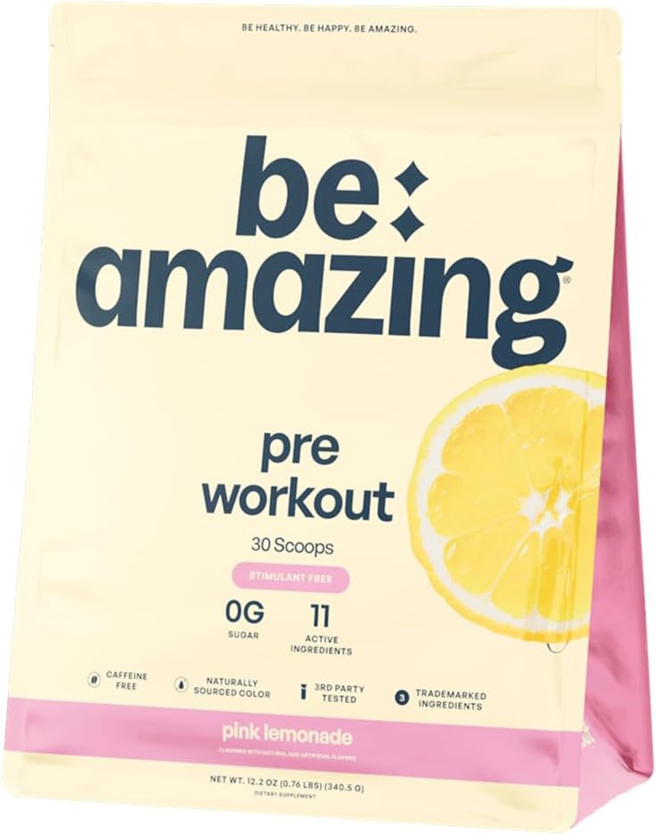 BE AMAZING Caffeine Free Pre Workout Powder, Vegan Supplement with Ashwagandha & Adaptogens for Night Workout, 설탕 무료 음료 혼합 남성 & 여성, 글루텐 무료, 핑크 레몬, 30 서빙
