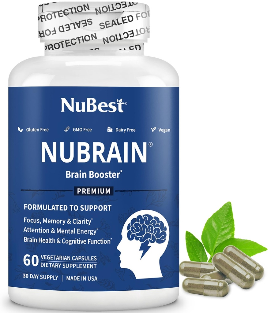 NuBrain 부스터 - 뇌 부스터, 메모리, 포커스 & 클라리티 지원 St. John 's Wort, Ginkgo Biloba, Bacopa & More - 60 Vegan 캡슐 | 1 개월 공급