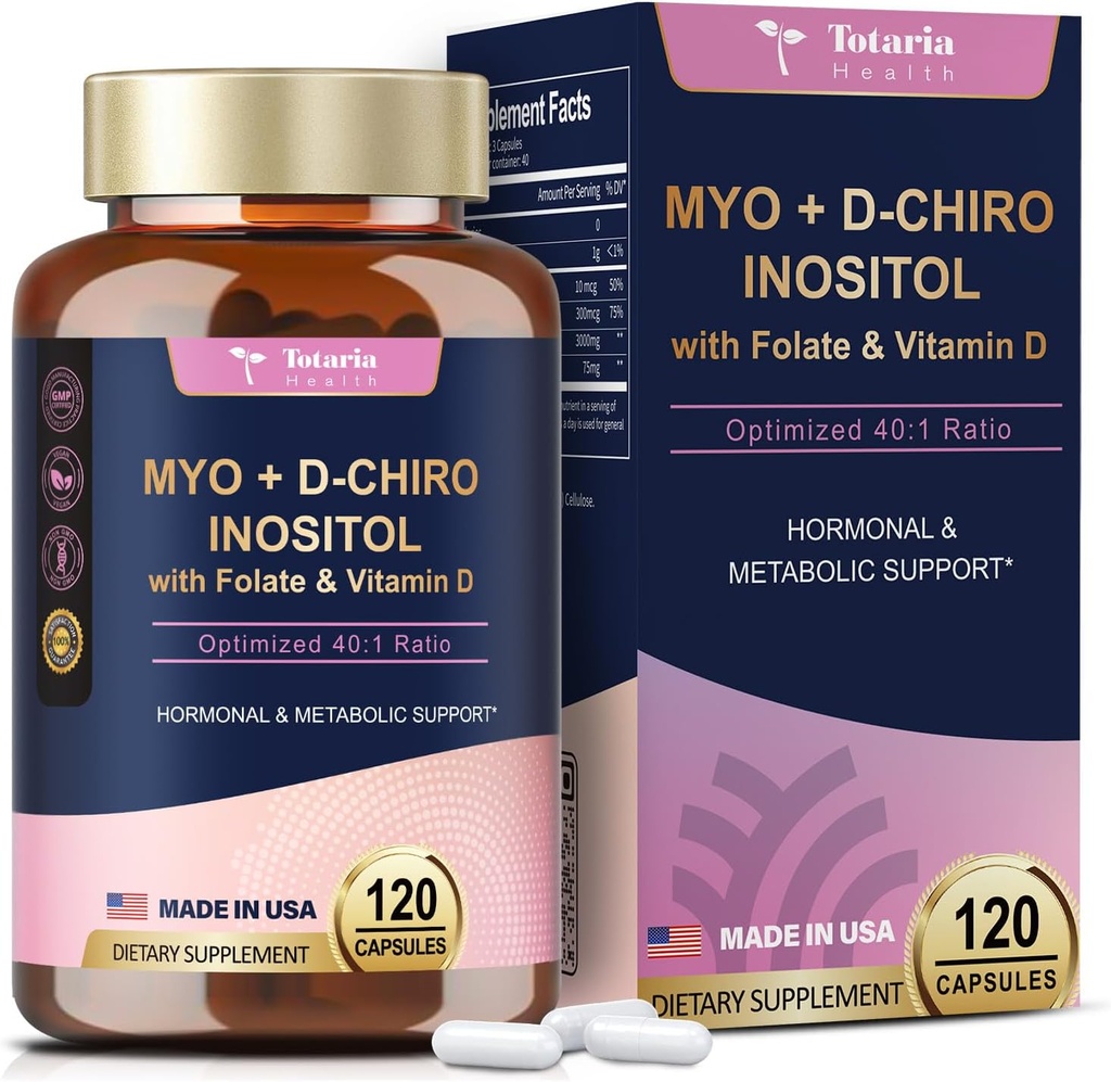 Totaria Inositol은 비타민 D3, Folate, 40 : 1 비율 Myo-Inositol 3000mg & D-Chiro Inositol 75mg Complex, 비타민 B8 Inositol 여성 헤어, 손톱, 피부 건강을위한 보충