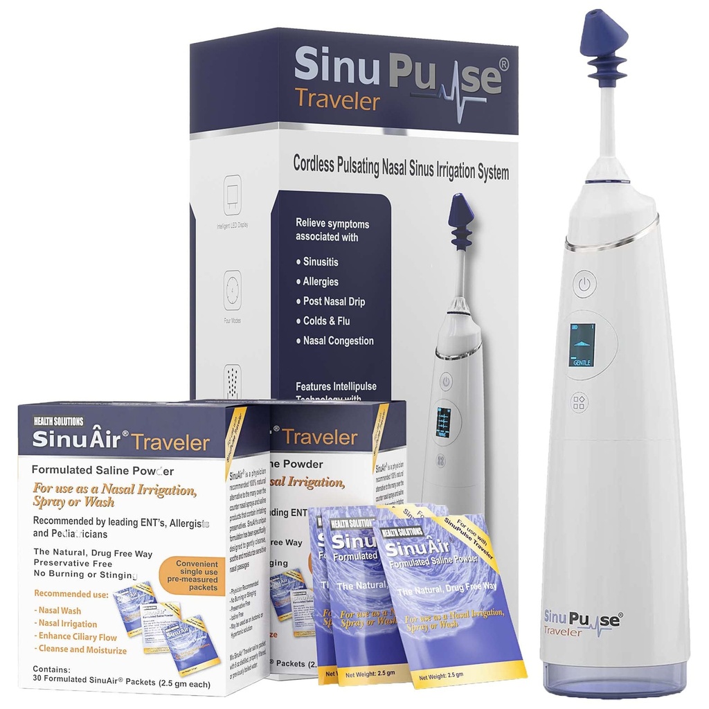 90 Sinuair Packets가있는 SinuPulse 여행자 - Cordless Pulsating Nasal Irrigation Sinus Rinse System, 여행을위한 공간 절약 클리너 및 구호 기계, Neti Pot 또는 Nose Spray Bottle보다 더 효과적인