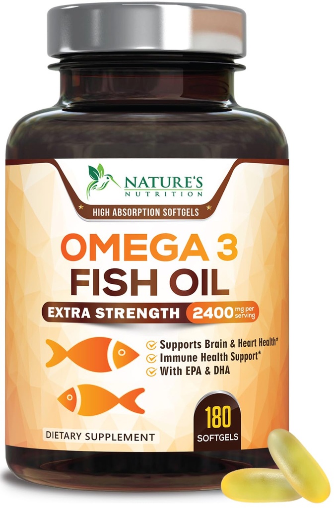 오메가 3 생선 기름 2400 mg – 심장, 뇌 및 관절 지원을위한 트리플 강도 EPA 및 DHA 지방산 – 야생 겁에 질린, Burpless, 레몬 맛 보충 – 자연, 비 GMO, 글루텐 - 무료 - 180 Softgels