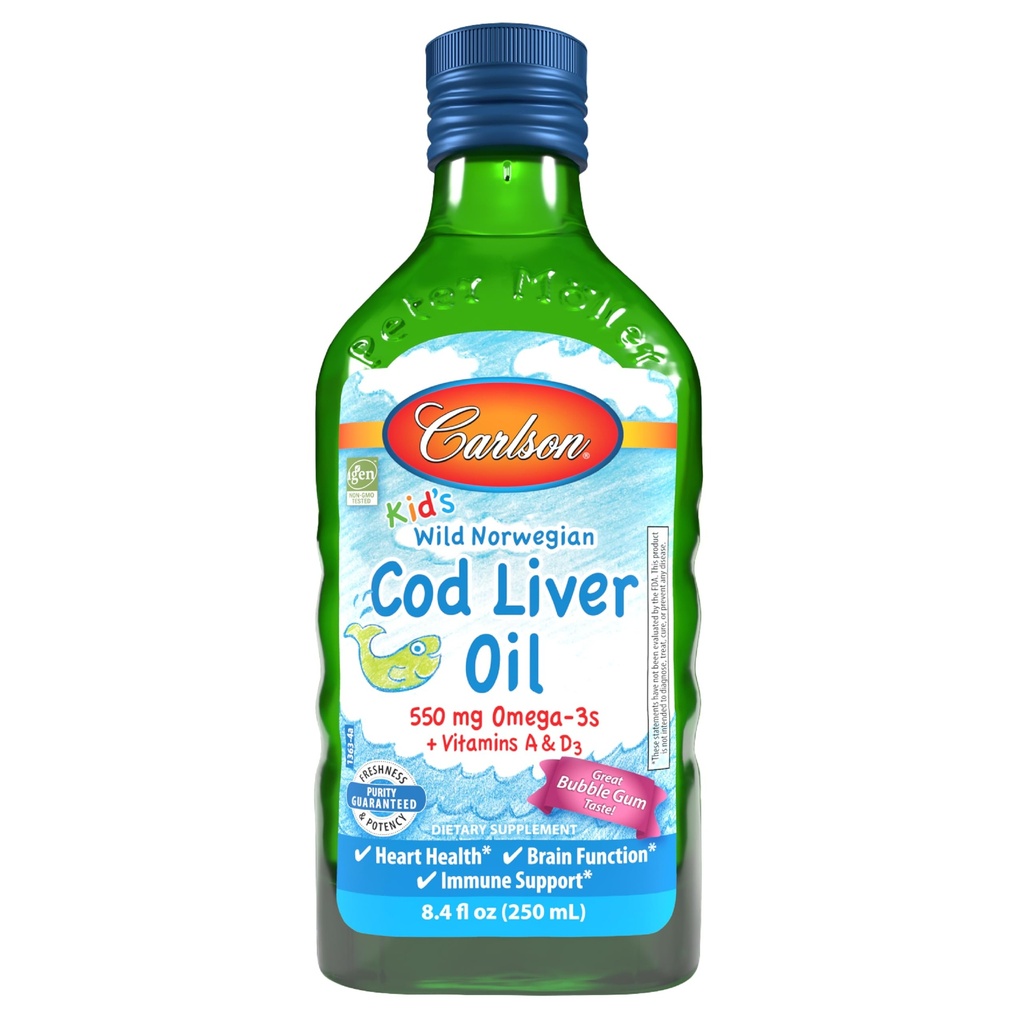 Carlson - Kid 's Cod Liver Oil, 550 mg Omega-3s, 비타민 A & D3, 야생 노르웨이, 버블 껌, 250 mL